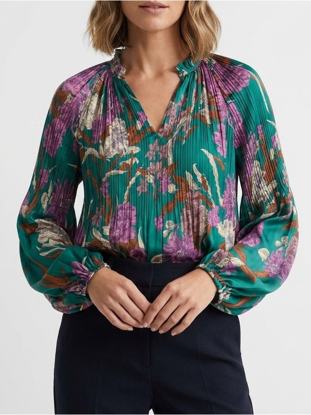 Elie Tahari Women’s Floral Pleated Blouse Size M Boho Balloon Sleeve